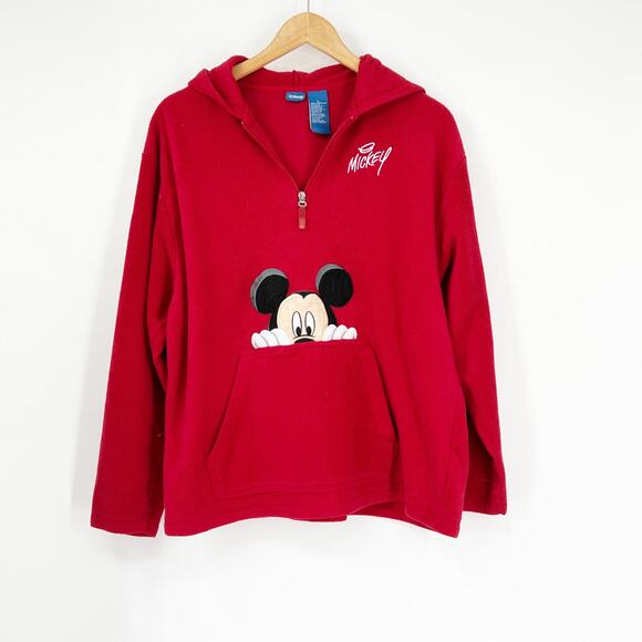 Disney Tops - Vintage Disney Mickey Mouse Fleece Quarter Zip Red Hoodie Large